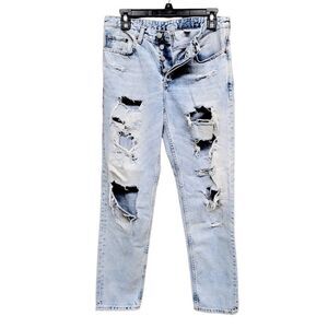 & Denim H&M Boyfriend Low Waist Ripped Jeans Blue Button Fly Size‎ 25 Distressed